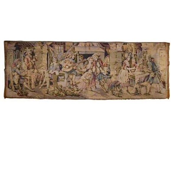 Vintage French Aubusson Style Tapestry Pub Scene Dancing Tavern Belgium 60x19 - Picture 1 of 5